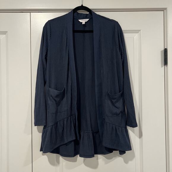 Lauren Conrad Women's Navy Ribbed Cardigan with Ruffled Hem Size Medium - Picture 1 of 6